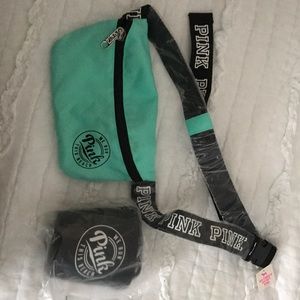 Pink fanny pack and koozie.